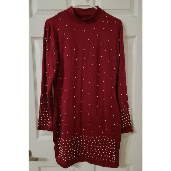 ❤️ Pearls Embellished Nightclub Bodycon Christmas Party Red Dress XL, XXL NEW - Picture 11 of 16